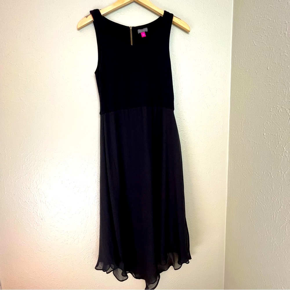 VINCE CAMUTO Dress Black Fabric Top Silk Skirt Zip Up Sleeveless Size Small